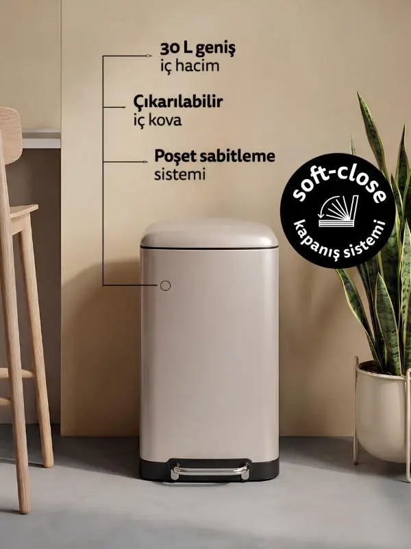 5five Ariane Metal Pedallı 30 Lt. Bej Çöp Kovası