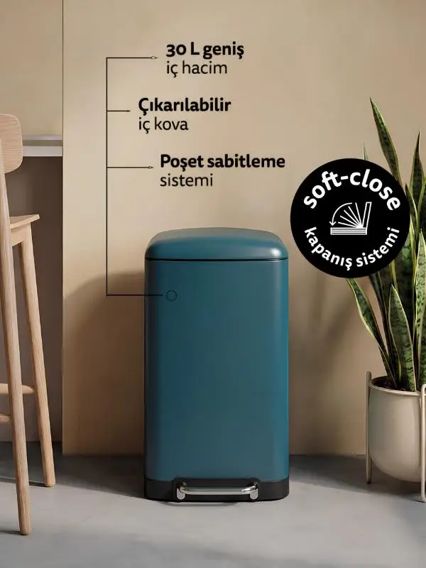 5five Ariane Metal Pedallı 30 Lt. Petrol Mavisi Çöp Kovası