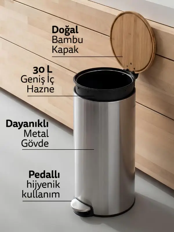 5five Bambu Metal Pedallı 30 Lt. Çelik Çöp Kovası