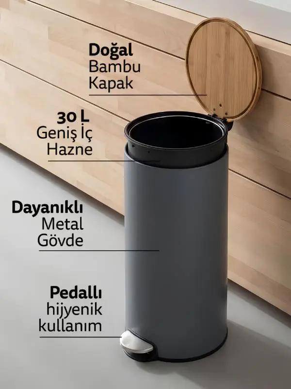 5five Bambu Metal Pedallı 30 Lt. Gri Çöp Kovası