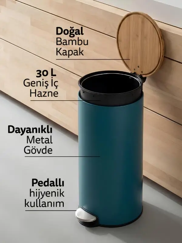 5five Bambu Metal Pedallı 30 Lt. Petrol Mavisi Çöp Kovası