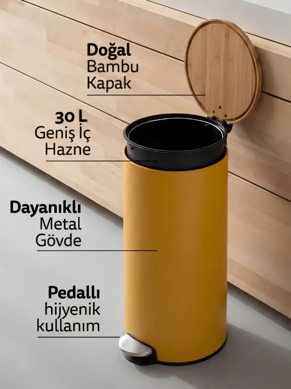 5five Bambu Metal Pedallı 30 Lt. Sarı Çöp Kovası
