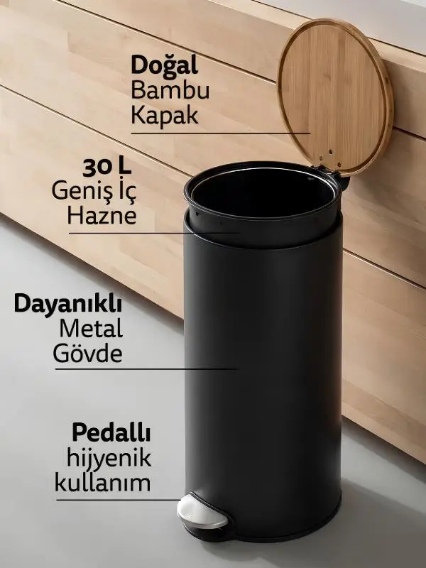 5five Bambu Metal Pedallı 30 Lt. Siyah Çöp Kovası